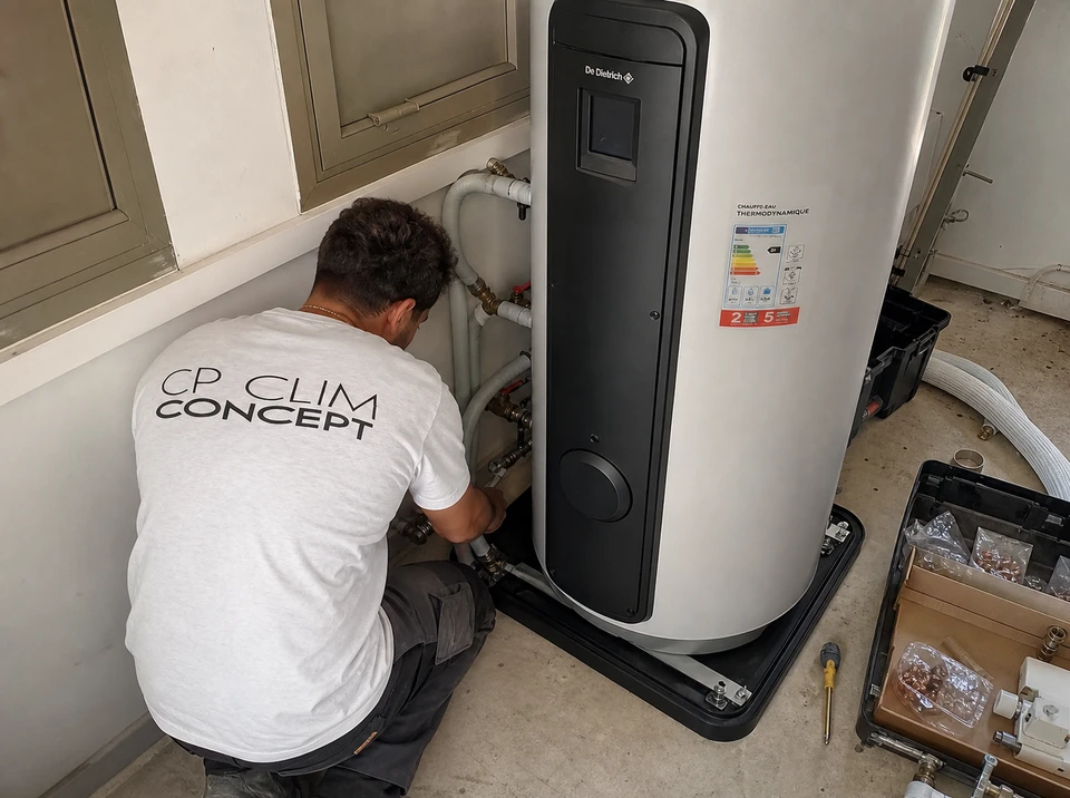 Technicien en veste grise effectuant la maintenance d'une unité extérieure de climatisation **Daikin Multi Inverter** sur façade