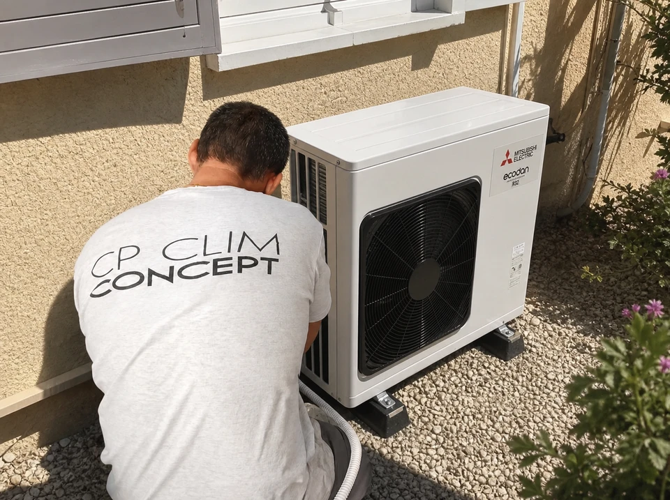 Technicien de climatisation en combles, t-shirt CP CLIM CONCEPT, installe un caisson de climatisation gainable suspendu